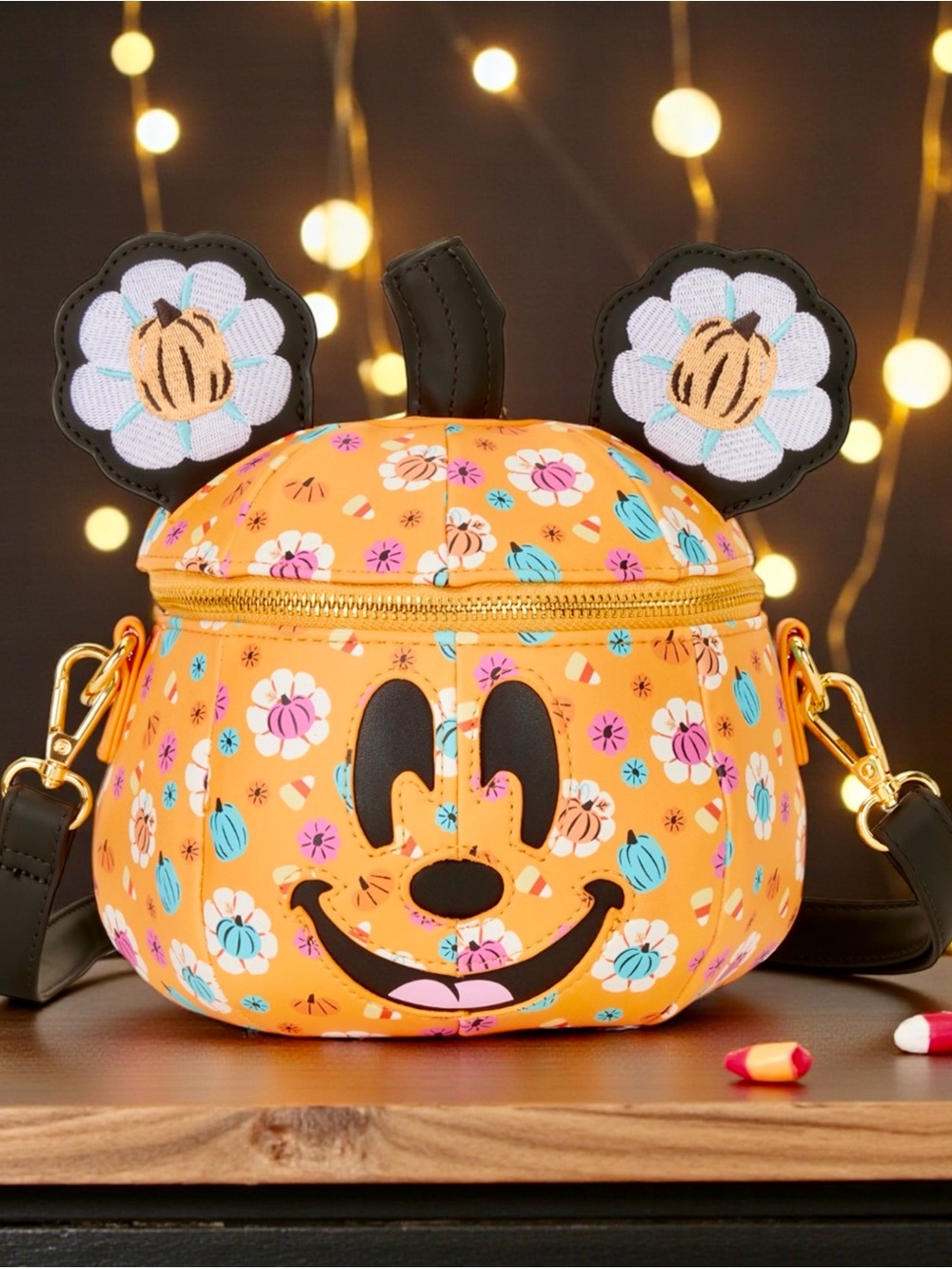 Loungefly Mickey Mouse Floral Pumpkin Head Glow Figural Crossbody Bag NWT